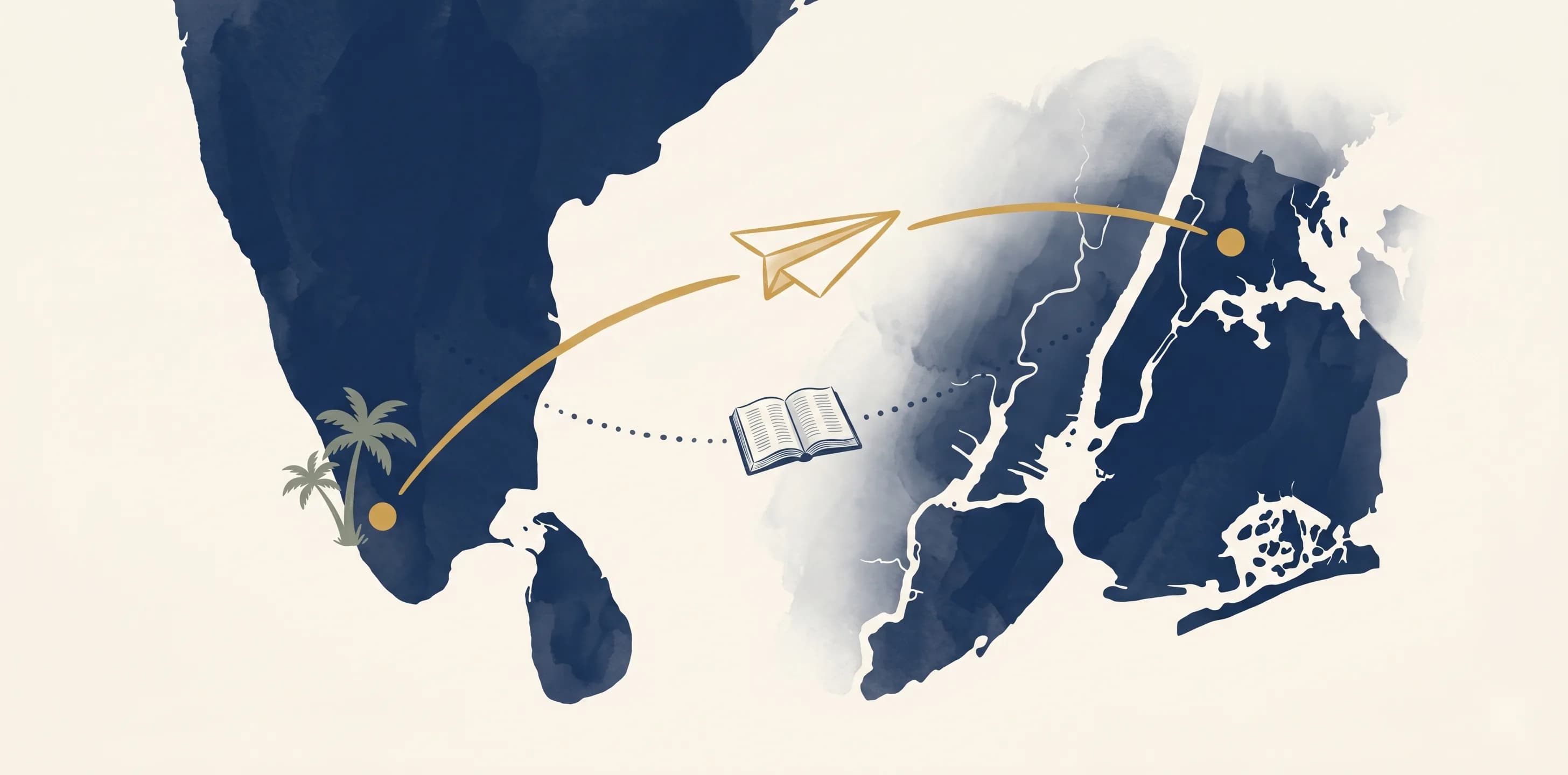 Stylised illustration showing South India connected to the diaspora — workbooks traveling between communities.