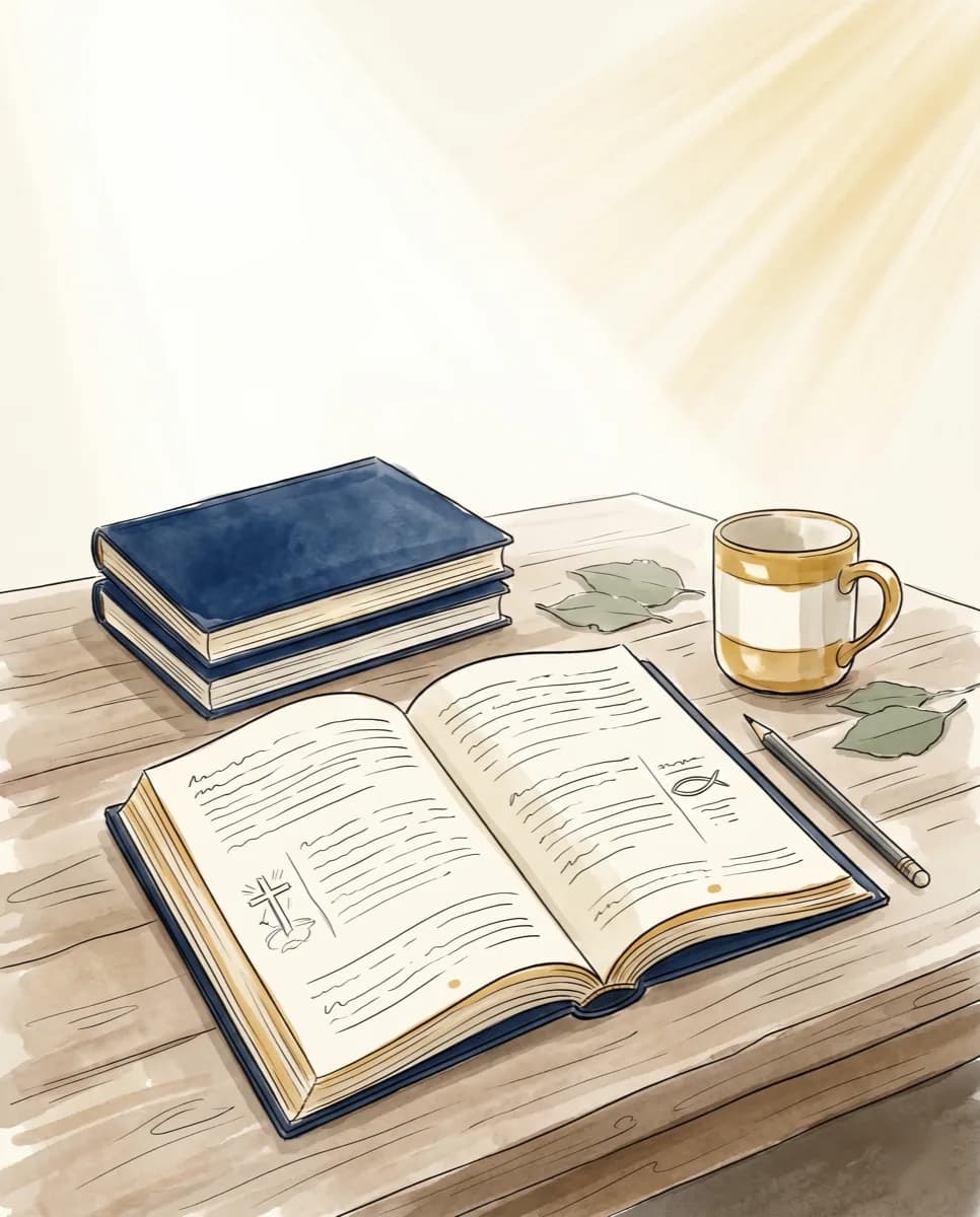 An open Bible study workbook on a wooden table, with two closed workbooks, a ceramic mug, and pressed leaves, lit by soft natural light.